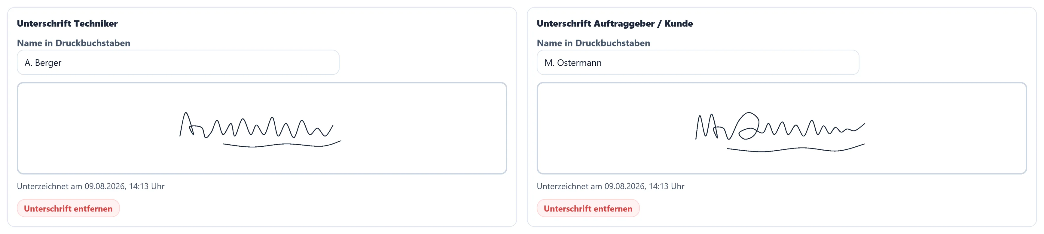 Der Leistungsnachweis in urqivo: links die Unterschrift des Technikers A. Berger, rechts die des Auftraggebers M. Ostermann – beide mit Datum und Uhrzeit der Unterzeichnung.