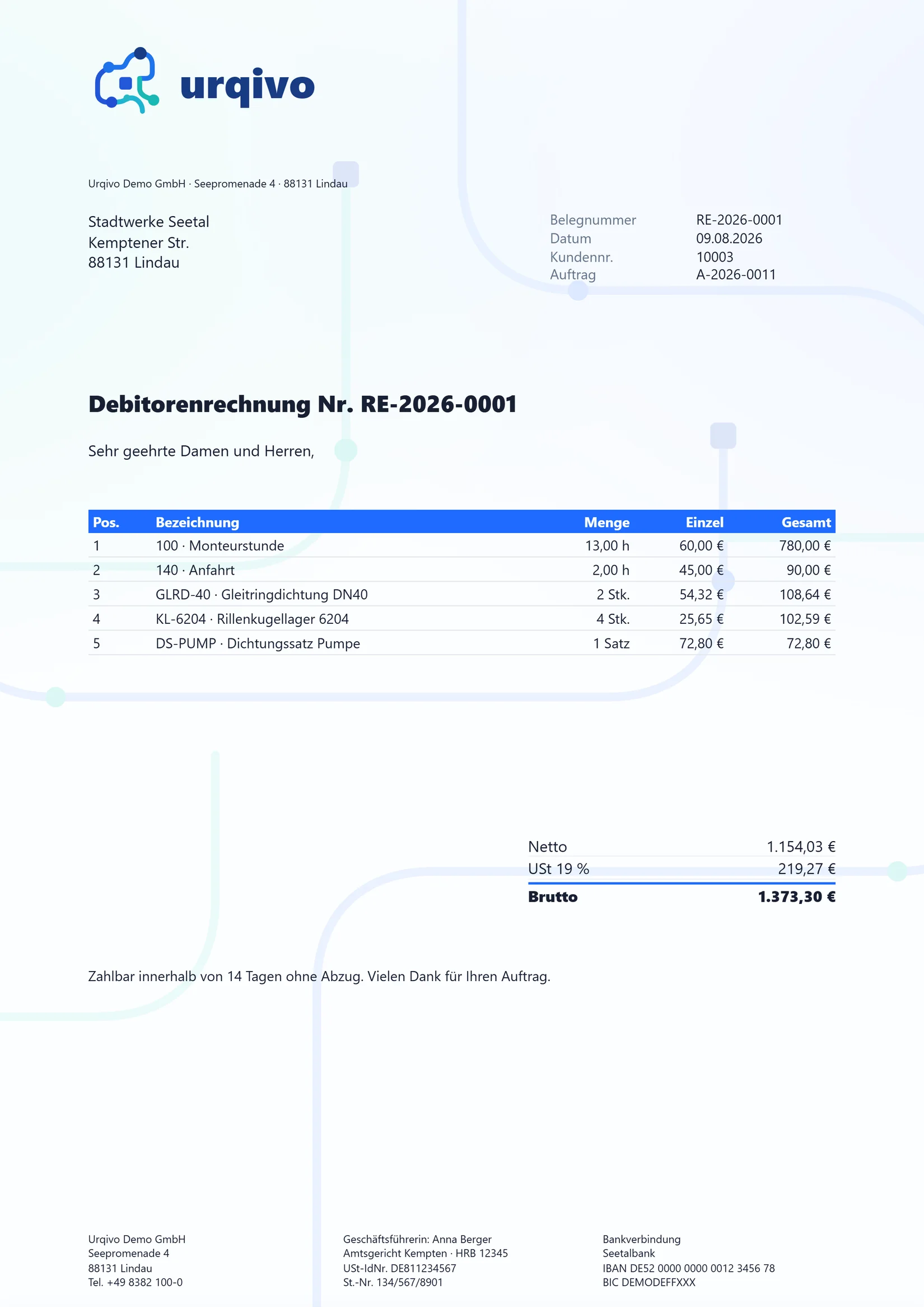 Die erzeugte Debitorenrechnung RE-2026-0001 an die Stadtwerke Seetal: fünf Positionen, netto 1.154,03 €, 19 % Umsatzsteuer 219,27 €, brutto 1.373,30 €.