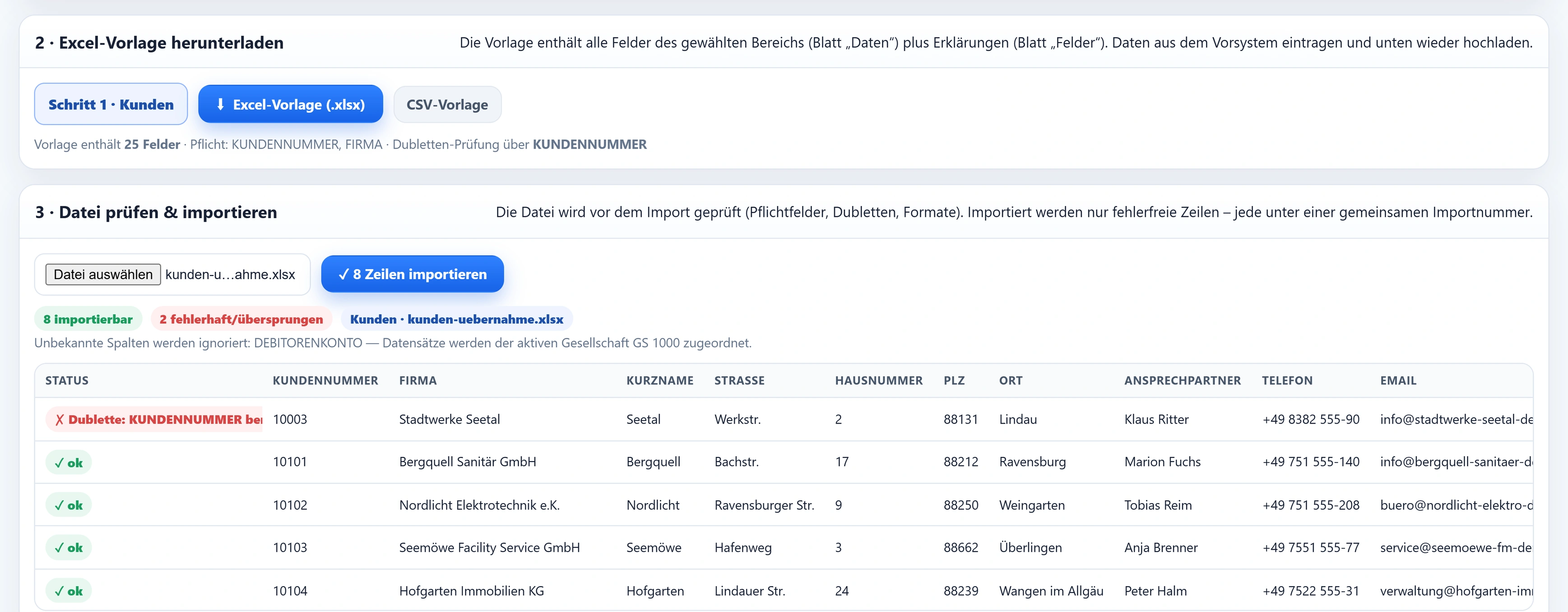 Die Karten „2 · Excel-Vorlage herunterladen“ und „3 · Datei prüfen & importieren“ in urqivo: die Vorlage enthält 25 Felder, Pflicht sind KUNDENNUMMER und FIRMA, die Dubletten-Prüfung läuft über KUNDENNUMMER; nach dem Hochladen von kunden-uebernahme.xlsx stehen dort „8 importierbar“, „2 fehlerhaft/übersprungen“ und der Hinweis, dass die unbekannte Spalte DEBITORENKONTO ignoriert und die Datensätze der aktiven Gesellschaft GS 1000 zugeordnet werden; die Vorschau zeigt 10101 Bergquell Sanitär GmbH bis 10105 Talblick Metallbau GmbH mit Kurzname, Straße, PLZ, Ort, Ansprechpartner, Telefon und E-Mail, jede Zeile mit grünem ok.