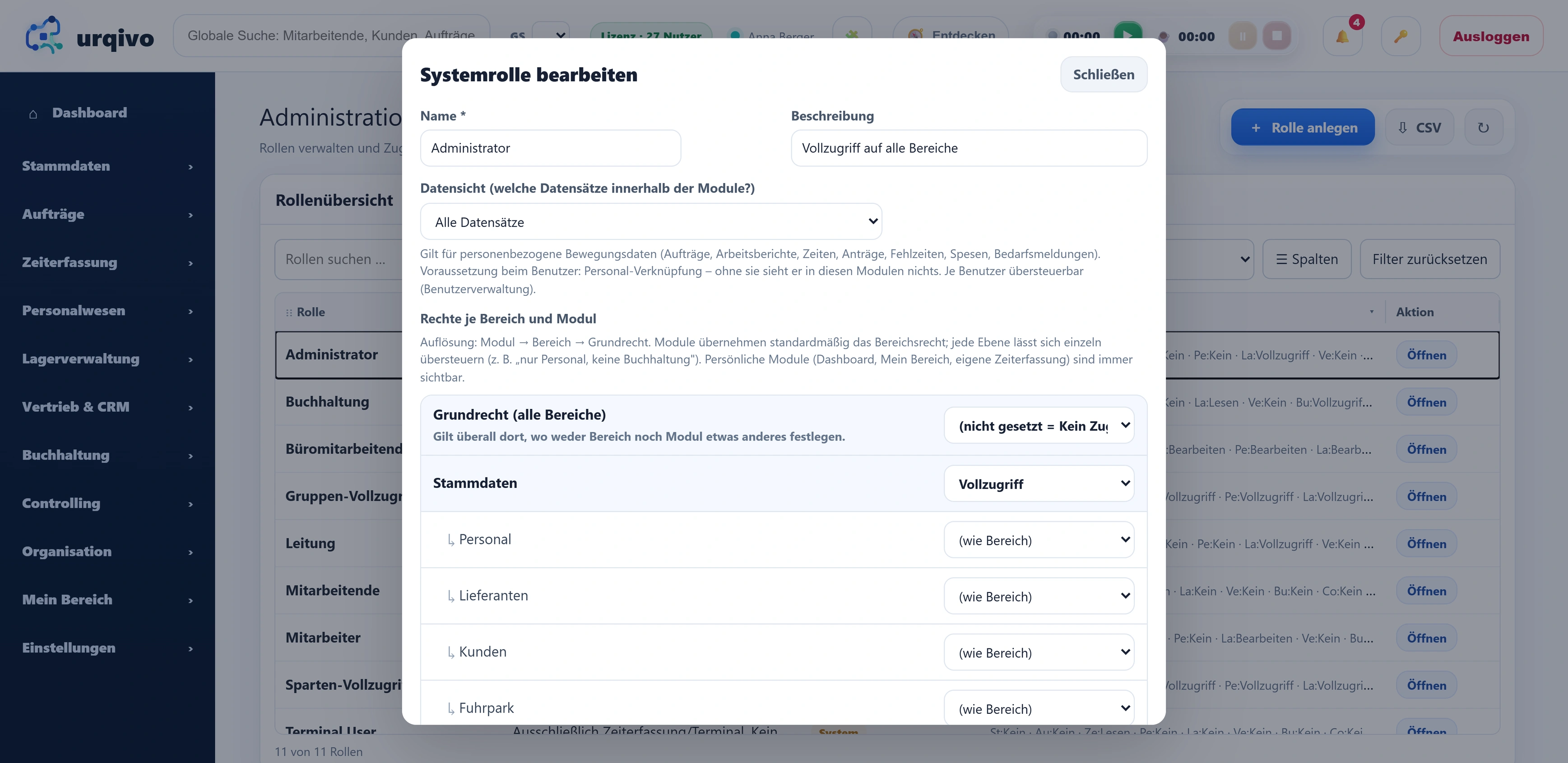 Der Dialog „Systemrolle bearbeiten“ für die Rolle Administrator mit der Beschreibung „Vollzugriff auf alle Bereiche“: Datensicht „Alle Datensätze“, Grundrecht (alle Bereiche) auf „(nicht gesetzt = Kein Zugriff)“, der Bereich Stammdaten auf „Vollzugriff“ und die Module Personal, Lieferanten, Kunden und Fuhrpark auf „(wie Bereich)“.