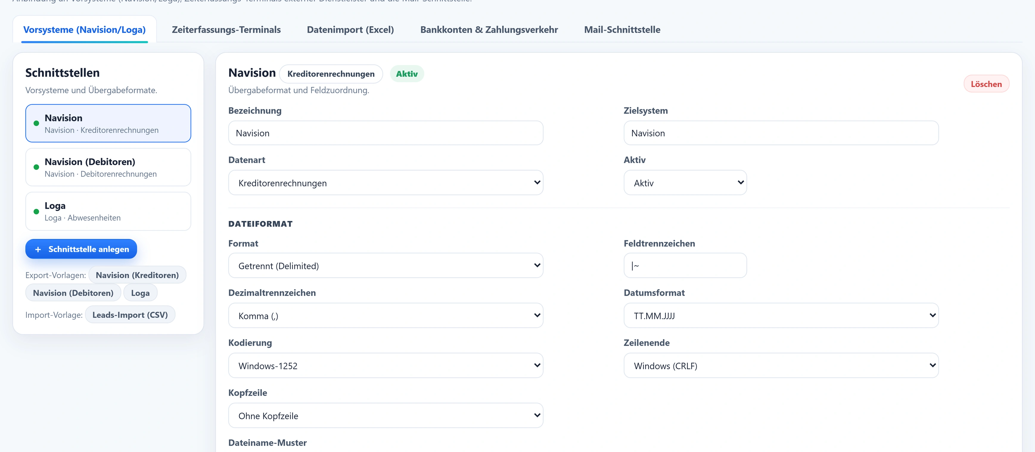 Die Schnittstellen-Einstellungen von urqivo mit den Reitern Vorsysteme, Zeiterfassungs-Terminals, Datenimport, Bankkonten & Zahlungsverkehr und Mail-Schnittstelle; links die angelegten Anschlüsse Navision, Navision (Debitoren) und Loga, rechts das Dateiformat der ausgewählten Schnittstelle.