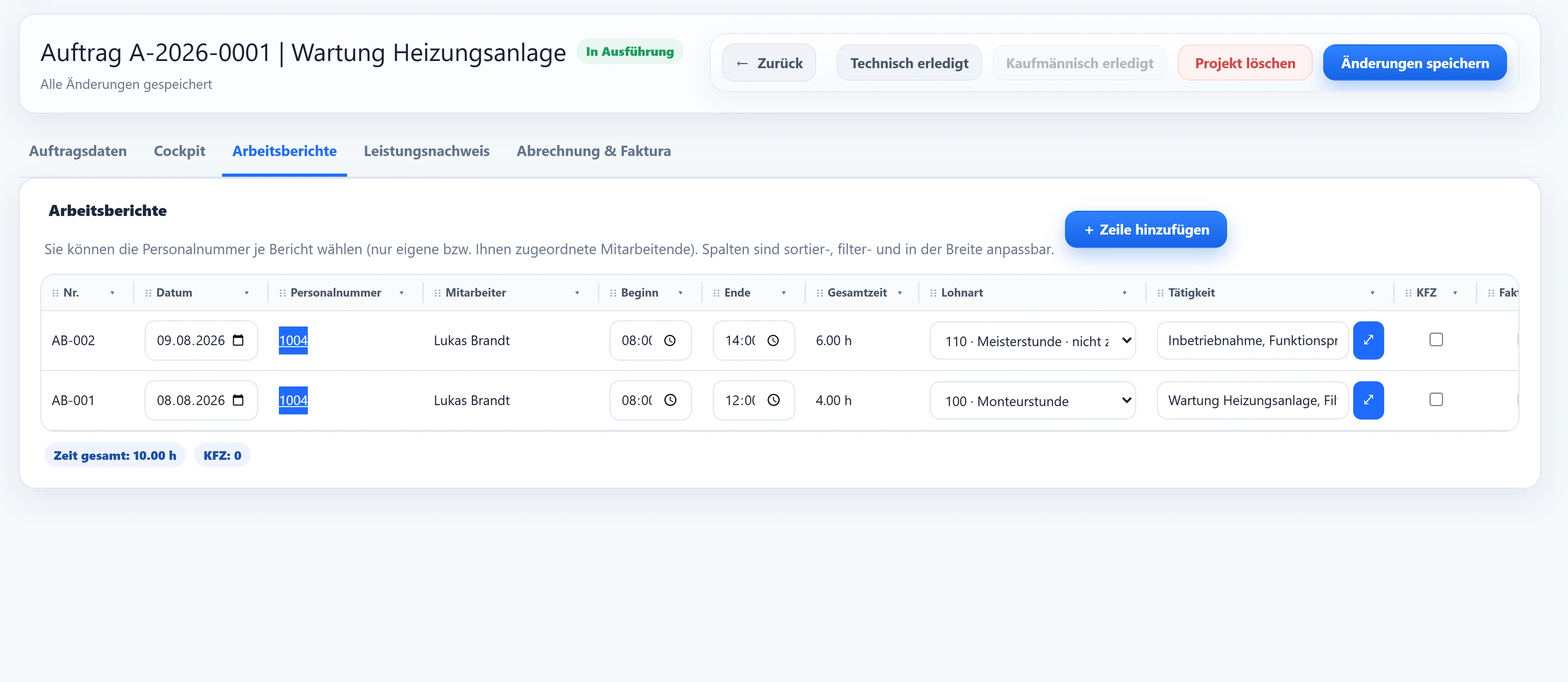 Der Reiter Arbeitsberichte im Auftrag A-2026-0001 · Wartung Heizungsanlage: AB-001 vom 08.08.2026 mit 4.00 h auf Lohnart 100 · Monteurstunde und AB-002 vom 09.08.2026 mit 6.00 h auf 110 · Meisterstunde, beide auf Personalnummer 1004 · Lukas Brandt, Zeit gesamt 10.00 h.